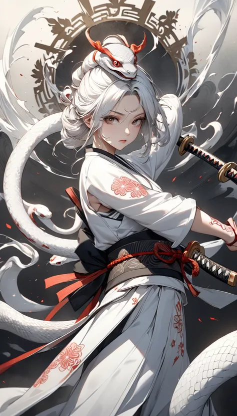 Create an image of a brave white snake goddess samurai in a battle stance, holding a katana, Capture the side view of her staring intensely at an unseen enemy outside the frame, The goddess has a beautiful face that contrasts with her fierce battle stance,...