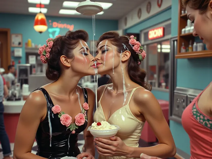 (Create a high-resolution photo-realistic (Photo of a two cute young brunettes cumface   girls kissing each other and sharing cum), 60s drive-in, waitress, panavision movie style, 60s movies, (small natural breasts: 1.6), (cleavage:1.6), (skinny anorexic b...