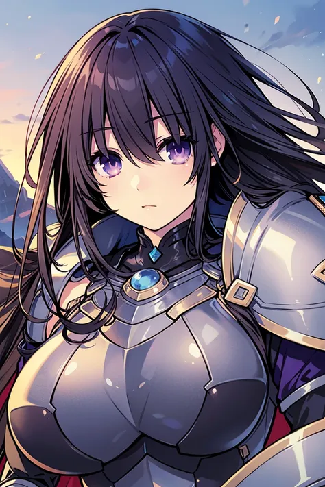 Medium length black hair, purple eyes, large breasts, lady knight, breastplate, (((full armor))), (((realistic armor))), clearly old armor, masterpiece quality 