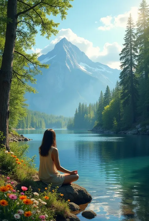  A tranquil scene of a human being sitting on the edge of a serene lake ,  surrounded by a lush forest . The person, with light clothes,  is meditating or contemplating the beauty around you .  Sunlight filters through trees ,  creating patterns of shade a...