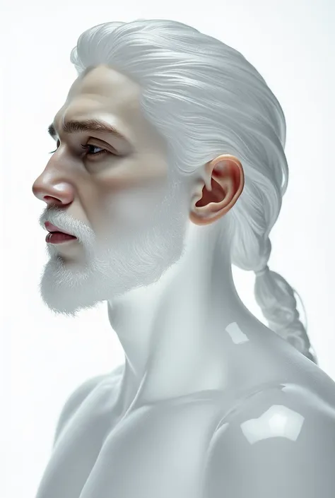 A photo of a young Native American man in the form of crystal. His face, hair, and body are made entirely of smooth, transparent crystal, refracting light with subtle prismatic effects. His strong cheekbones, broad nose, well-groomed beard, and deep brown ...