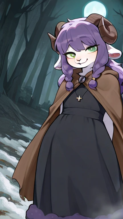  detailed background ,  Dark and creepy forest ,  fog swirls through the trees ,  snowy ground ,  full moon shines brightly in the sky ,masterpiece, best quality, 1femboy, anthro, w lamb ears , Anthropomorphic ram-guy, sheep horns, long sheep horns, Sheep ...