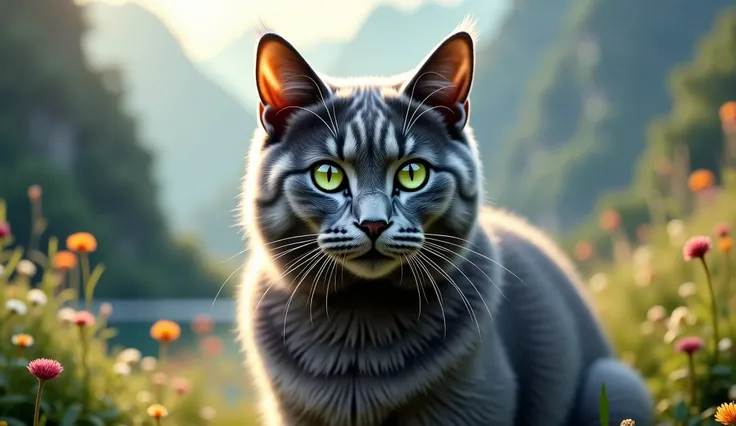 Generate ultra-high-definition images of a Russian Blue cat with a stunning blue-grey coat, posed elegantly in a fantastical landscape. Utilize advanced macro photography techniques to highlight the intricate details of the cat's dense, plush fur, shimmeri...