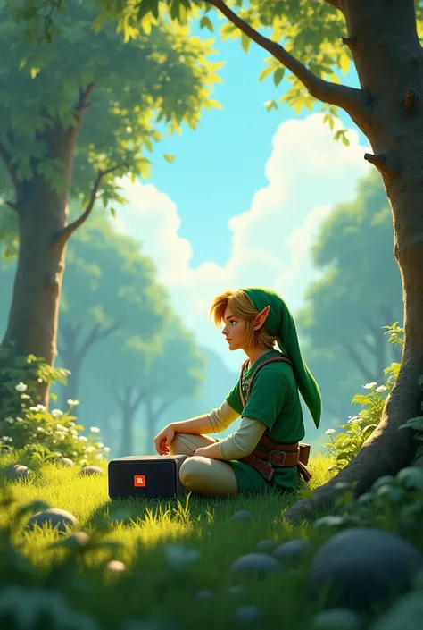 Create an image showing Zelda's link listening to music with a jbl speaker 