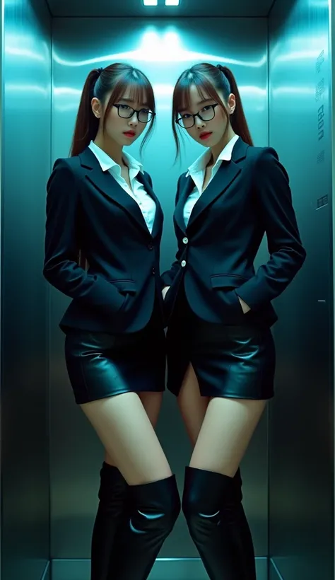 two long haired (ponytail) Korean secretaries with an athletic, fitness type bodies (muscular legs) and very marked Asian features on their face, wearing a thin black frame reading glasses. wearing a buttoned black polyester jacket, underneath you can see ...