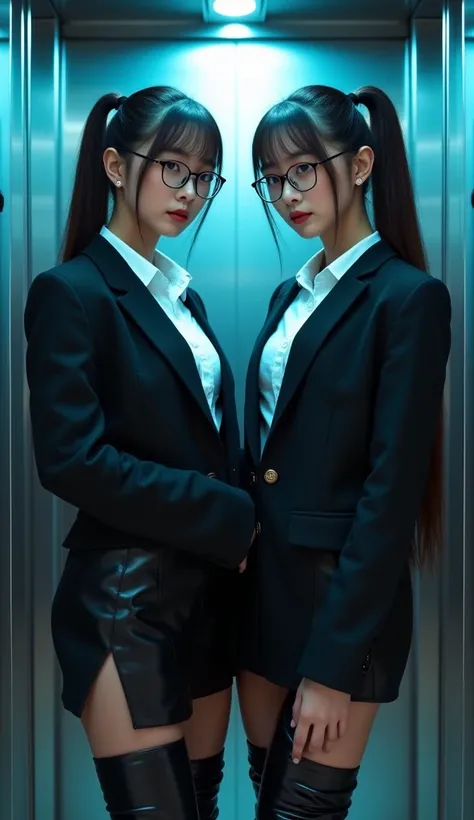 two long haired (ponytail) Korean secretaries with an athletic, fitness type bodies (muscular legs) and very marked Asian features on their face, wearing a thin black frame reading glasses. wearing a buttoned black polyester jacket, underneath you can see ...