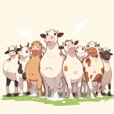 Cows that have a lot of milk 、 also spill a little milk。2D illustration、illustration、Anime Design、 clear line 、Thick Line、 simple illustration without gradation。No shading。