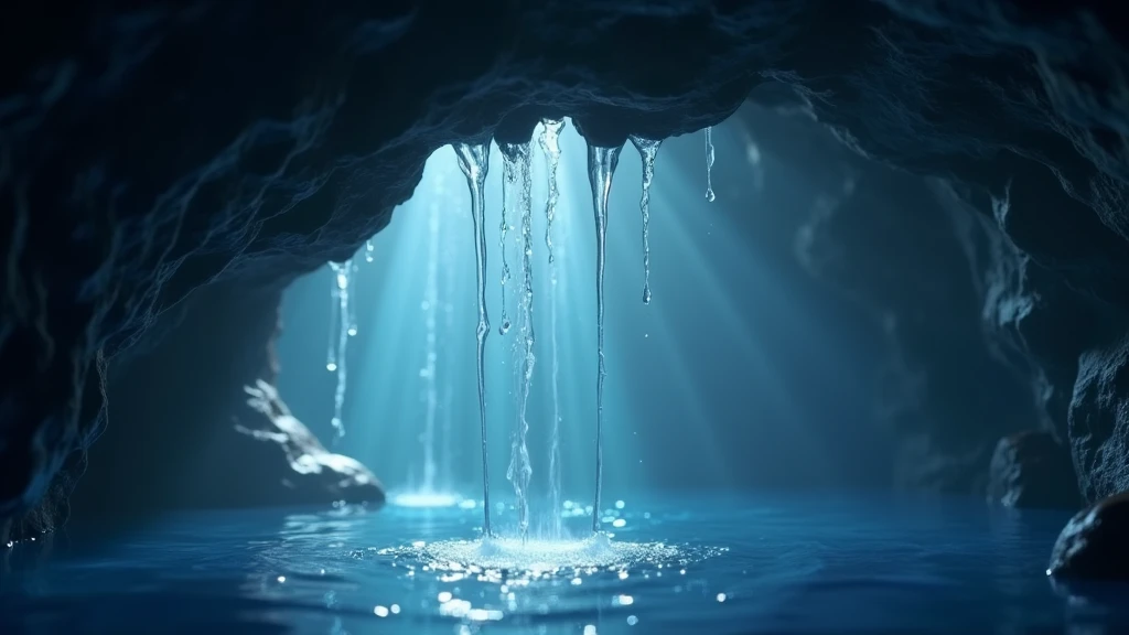 Create a Disney Pixar style image. Dynamic close-up. The constant dripping of water seeping from the ceiling of a cave creates a hypnotic rhythm. Lighting: Soft side lighting that highlights the drops.