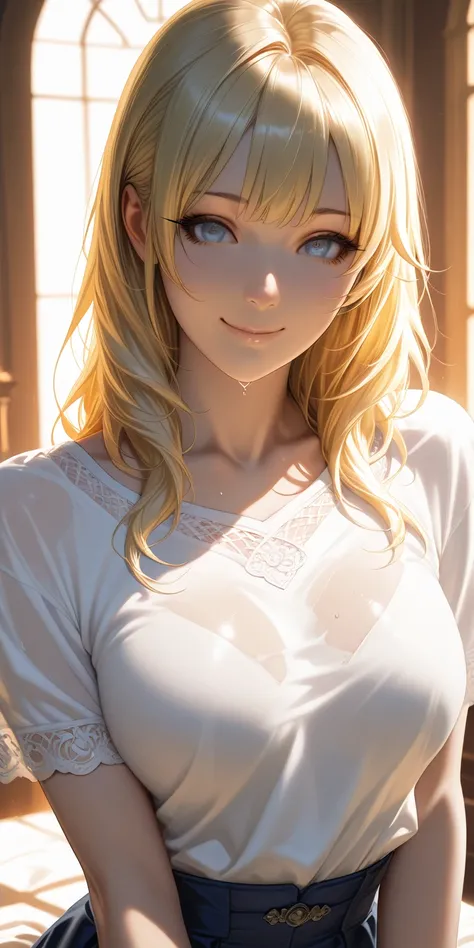 Beautiful girl with blonde hair and clear blue eyes wearing a cropped t-shirt in wet navy blue lace material, highly detailed, ultra-realistic, super detailed, cinematic lighting, 8k, photorealistic, masterpiece, intricate details, porcelain skin, long eye...