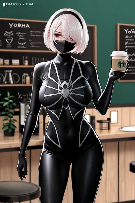 yorha 2b in spiderman suit inside the coffee shop