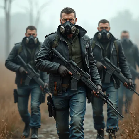 Russian mercenaries wearing black leather jackets and blue jeans and respirators, armed with sub machine guns as a part of the faction from S.T.A.L.K.E.R. series games.