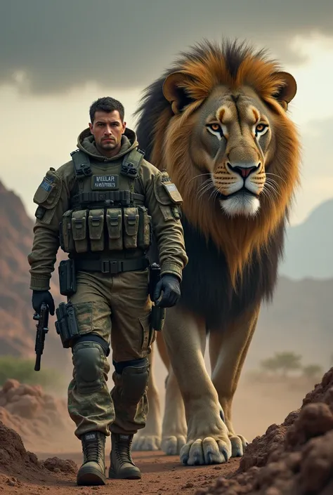 a man wearing military special forces clothing and accompanied by a giant lion