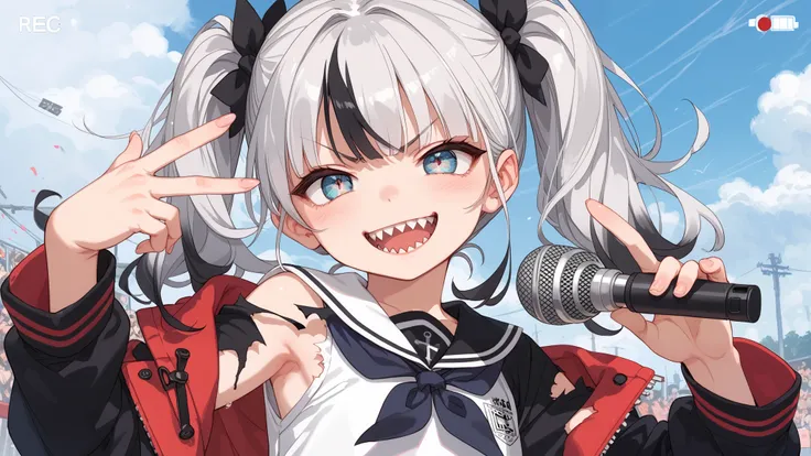 (score_9,score_8_up,score_7_up,score_6_up,score_5_up,score_4_up), source anime, kawaii anime face, split-color hair, black hair, silver hair, solo, twintails, serafuku, sharp teeth, evil smile, crack, cross-eyed, half-closed eyes, v-shaped eyebrows, torn c...