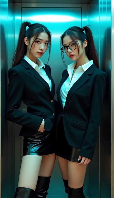 two long haired (ponytail) Korean secretaries with an athletic, fitness type bodies (muscular legs) and very marked Asian features on their face, wearing a thin black frame reading glasses. wearing a buttoned black polyester jacket, underneath you can see ...