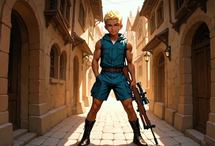 1boy, shota, muscular, dark copper tan skin, solo, yellow hair, very short hair, (white sleeveless jacket with pocket:1.5), body belt, short pants, green eyes, cyberpunked rifle on the ground, town stone street, lower buildings, standing on the street, smi...