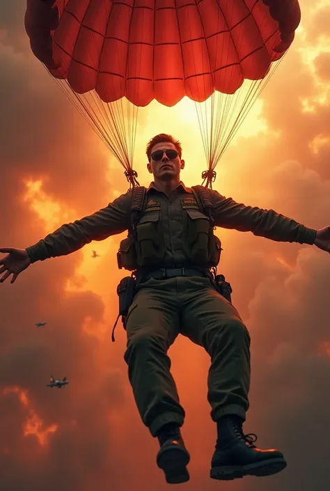 Hyper-detailed mega-realistic image of a man with short black hair, perfect face, sunglasses dressed as a soldier jumping out of a plane with a parachute, the stormy sky with red-black clouds falling, rays of fire. 