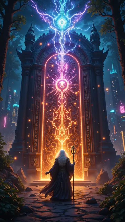 "An impressive scene where a grand wizard stands before a magnificent magical door, which is the center of a vibrant display of glowing energy and light. This door is intricately carved with runes and symbols that pulsate with life. The wizard, draped in f...