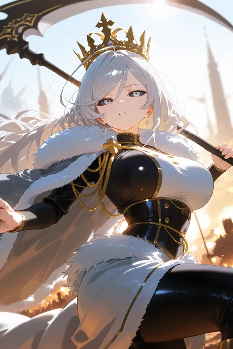 masterpiece, best quality, amazing quality, 1girl, gray eyes, black sclera, gray hair, extra long hair, swept bangs, ahoge, messy hair, large breast, royal garb, gold stitches, fur cloak, crown, outdoors, battlefield, dynamic pose, holding scythe, charging...