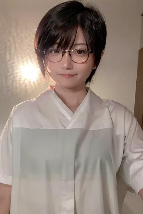 short dark hair, half body shot, realistic, rimless glasses, smile, Japanese Inns, A snowy landscape outside seen from a Japanese ryokan window, masterpiece, best quality, 8k, super detail