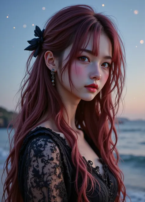 Beautiful single girl、 long maroon hair 、 clear white skin 、 A Midsummer Night's Dream、 calm sea coast where the moon sets、Stars full of stars in the sky 