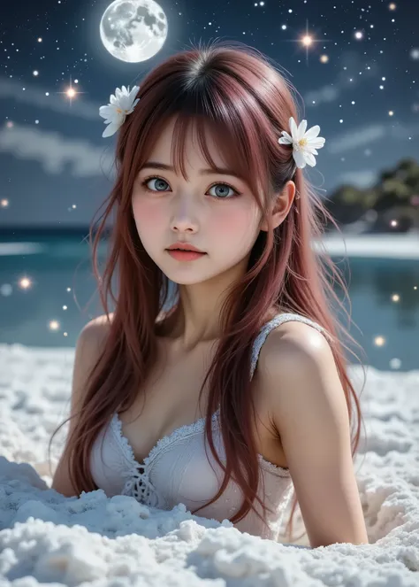 Realistic beautiful single girl 、 long, maroon hair with bangs、 clear white skin 、 A Midsummer Night's Dream、 white sands of the calm sea where the moon sets 、Stars full of stars in the sky 、 fairy tale