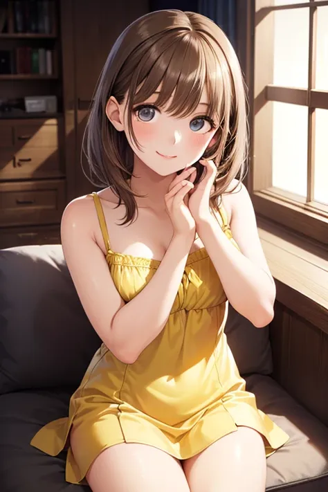 anegasaki nene, shiny chestnut hair, (brown pretty eyes, sparkling eyes, fine eyes), smiling face, super detailed eyes, highly detailed face, highly detailed eyes, (masterpiece:1.2, best quality), 1 girl, cowboy shot,, 


((The yellow sun mini dress )), wo...