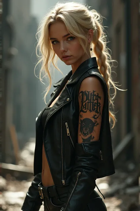 A blonde Tomboy Girl. With a black jacket and panther tattoo and a tattoo that says "PANTHER"in old english font