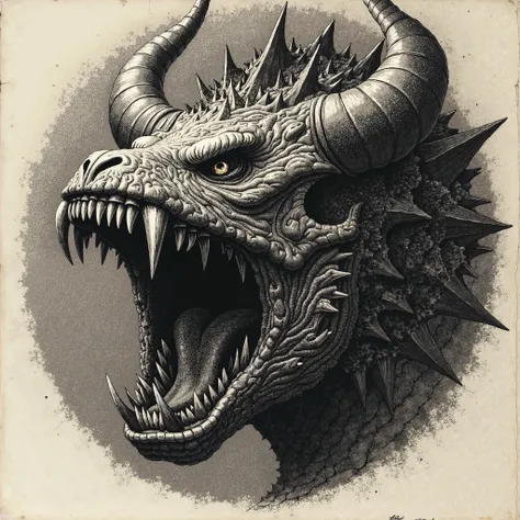 old etching representation of the Tarasque monster's head with mouth wide open