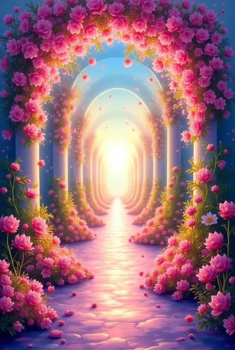 a painting of a hallway with flowers and a light, detailed 4 k oil painting, colorful oil painting, fantasy painterly style, luminescent oil painting, oil painting style, blossoming path to heaven, floral environment, 8 k hd detailed oil painting, 4 k oil ...