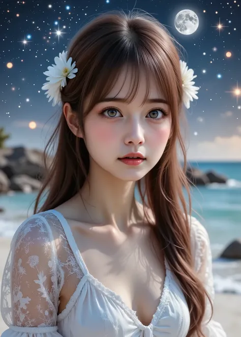 Realistic beautiful single girl 、 long, maroon hair with bangs、 clear white skin 、 A Midsummer Night's Dream、 white sands of the calm sea where the moon sets 、Stars full of stars in the sky 、 fairy tale