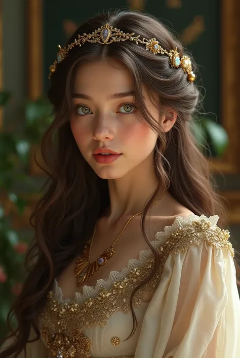 A medieval princess,  she must have long wavy hair ,  her eyes are green and her facial expressions are delicate and soft,  full and rosy lips, her skin must have a shade of coffee  