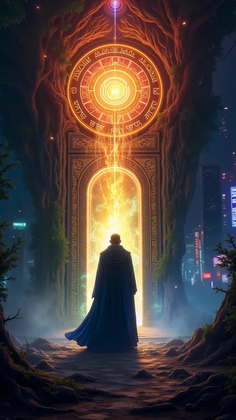 "An impressive scene where a grand wizard stands before a magnificent magical door, which is the center of a vibrant display of glowing energy and light. This door is intricately carved with runes and symbols that pulsate with life. The wizard, draped in f...