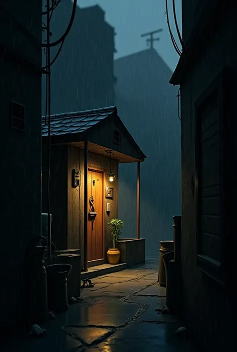 Heavy rain , and you can see a small and simple carpentry with a door with a bell in an alley