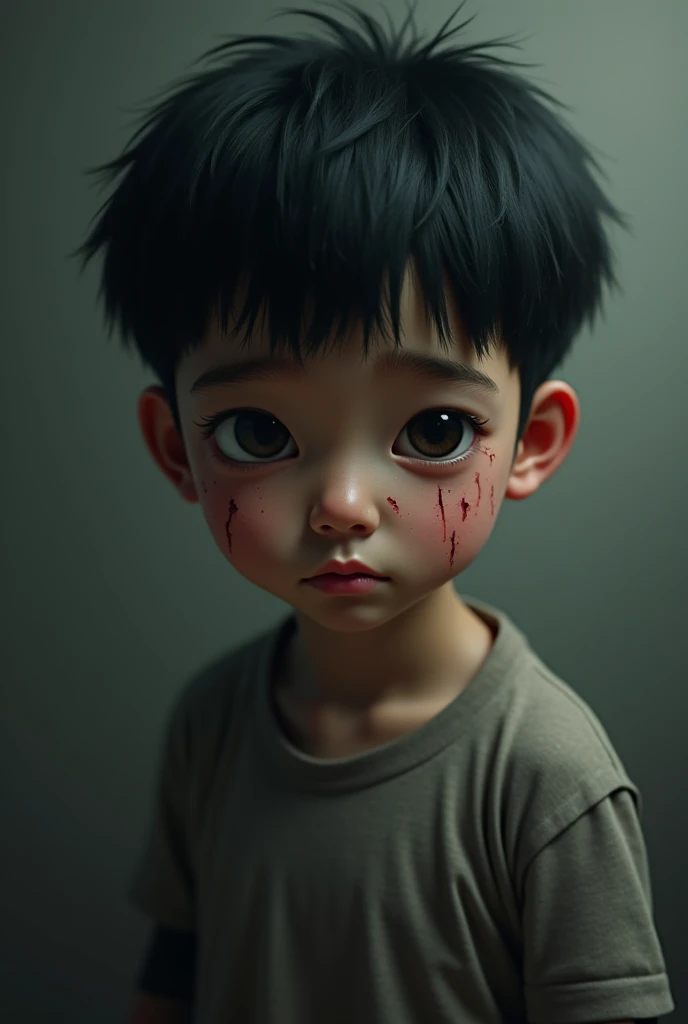 A nine year old asian , Harrased physically, scars on face, fear in his eyes ,  physically abused 