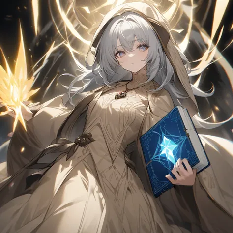 Dressed in a beige outfit、Holding a blue spellbook in her left hand「The Sage of Light」Also known as a female mage。Her appearance is gray hair、Flesh-colored eyes 。 she is wearing a pendant with a crystal of light built into it、Has the ability to teleport。