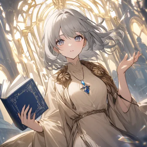 Dressed in a beige outfit、Holding a blue spellbook in her left hand「The Sage of Light」Also known as a female mage。Her appearance is gray hair、Flesh-colored eyes 。 she is wearing a pendant with a crystal of light built into it、Has the ability to teleport。