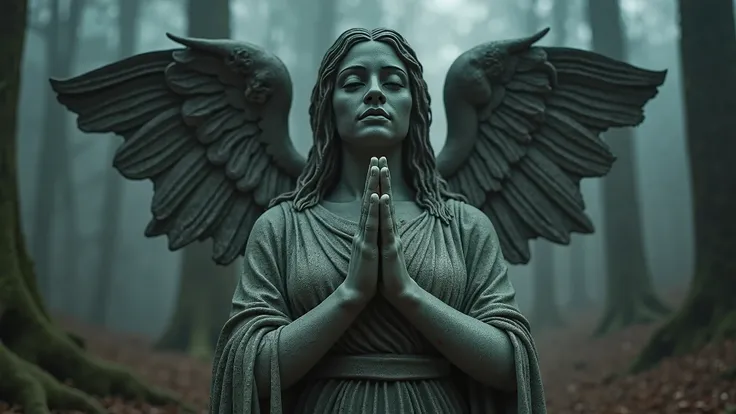  stone statue of a beautiful goddess praying with her hands crossed and her beautiful large wings extended above her fan-shaped head, with lots of red liquid flowing from her eyes and wings . climate of terror,  deep dark forest without any light , Black m...