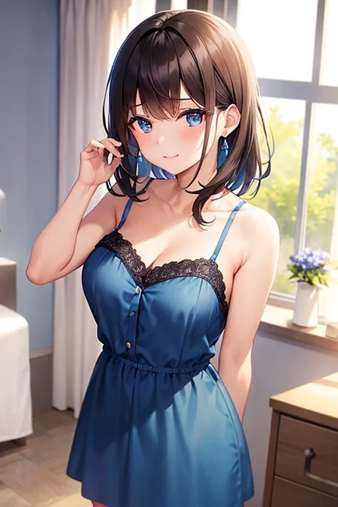 a 21 year old girl, medium brown hair, standing, in her bedroom, blue eye, blue sexy short dress, happy, hand on breast, blue earrings