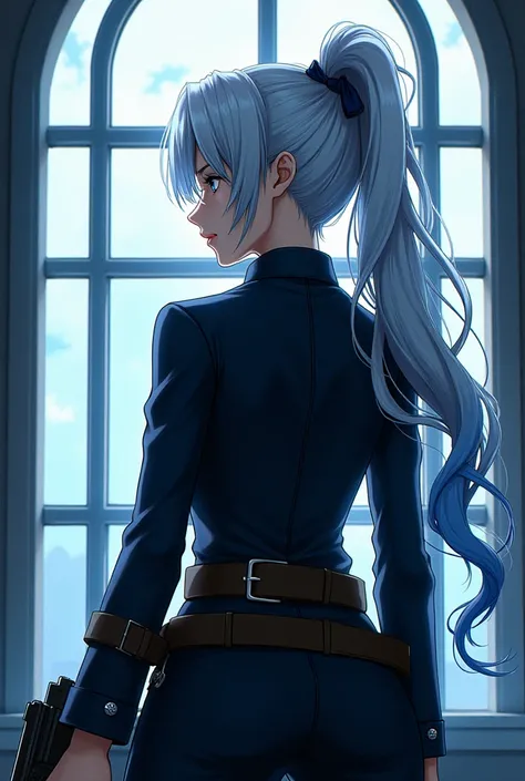 a woman with blue hair standing in front of a window, rimuru tempest, rimuru, perfect white haired girl, black lagoon, tifa lockhart with white hair, rei hiroe, shiro from deadman wonderland, rei hiroe black lagoon manga, silver hair (ponytail), with curly...