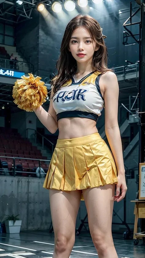 A beautiful young Japanese woman, 20 years old, with perfect anatomy, healthy thighs, beautiful feet, flawless skin, random hair color and style, large bust, (she is standing:1.2), wearing a cheerleader uniform with micro-pleated miniskirt, in a full body ...