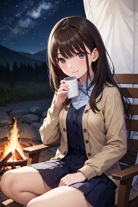 anegasaki nene, shiny chestnut hair, (brown pretty eyes, sparkling eyes, fine eyes), smiling face, super detailed eyes, highly detailed face, highly detailed eyes, (masterpiece:1.2, best quality), 1 girl, cowboy shot,, 



Outdoors， ((night ， Girl sitting ...