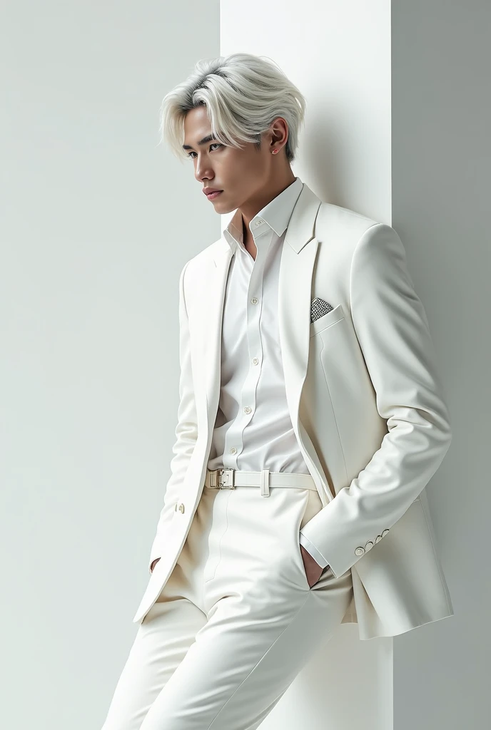 arafficial male in a white suit leaning against a wall, digital art inspired by jeonseok lee, tumblr, digital art, cai xukun, wearing white suit, xqc, wearing futuristic white suit, white suit, male ulzzang, johan liebert mixed with alucard, white monochro...