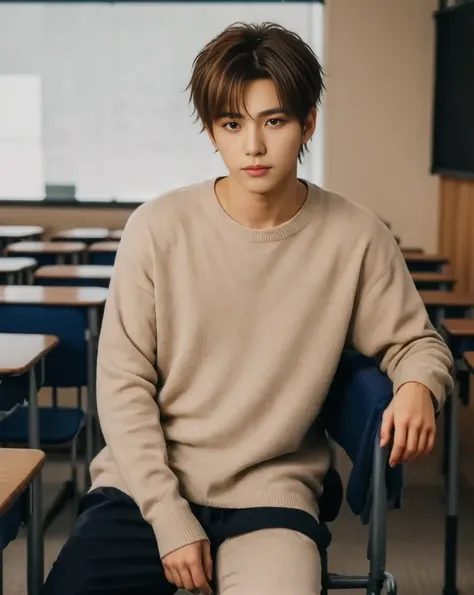   An 18-year-old boy who looks like an idol is left alone in a school classroom. ,   is wearing 、 he has white micro strings  . ( score 9 score 8 up ,  score up 7), (Get ahead of the game：1.6),  his hairstyle is sleek and modern .   his soft layered bangs ...