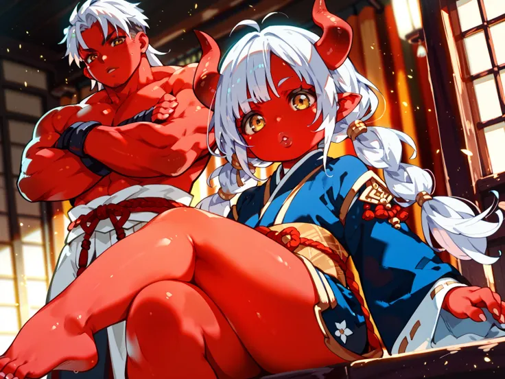 One demon girl( white hair、 twin tails、Red skin、2 demon horns 、 plump lips 、Samurai clothing、Bullish expression)、Sticks、 the royal family、barefoot、geta、Mochimochi's thighs、Thigh focus