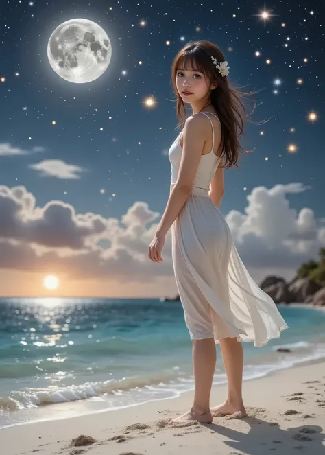 Realistic beautiful single girl 、（ full body photo）、 long, maroon hair with bangs、 clear white skin 、 A Midsummer Night's Dream、Stand on the white sands of the calm sea where the moon sets、Stars full of stars in the sky 、 fairy tale