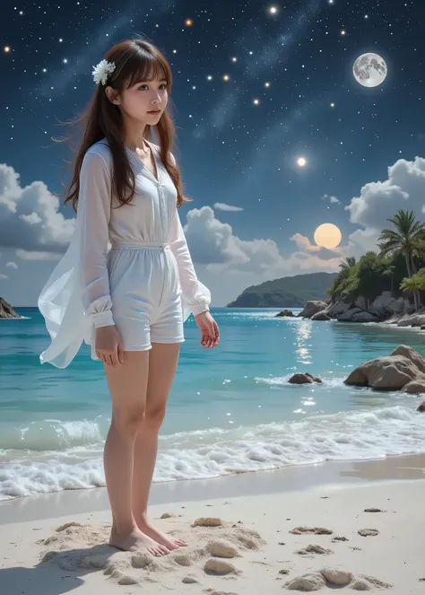 Realistic beautiful single girl 、( full body photo)、 long, maroon hair with bangs、 clear white skin 、 A Midsummer Night's Dream、Stand on the white sands of the calm sea where the moon sets、Stars full of stars in the sky 、 fairy tale