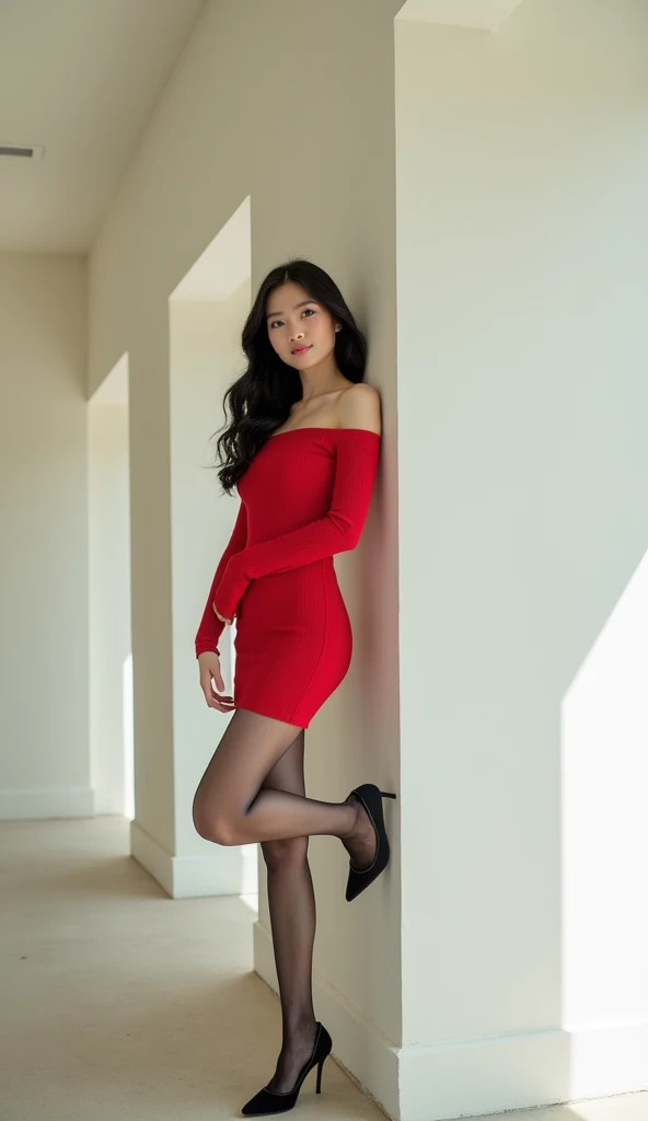 Real Photo High Quality , A Japanese woman with a very beautiful beauty like an actress,long curly black hair,
Capture a young woman in a minimalist corridor with bright, neutral-toned walls. She wears an off-shoulder, ribbed red mini dress that clings nea...