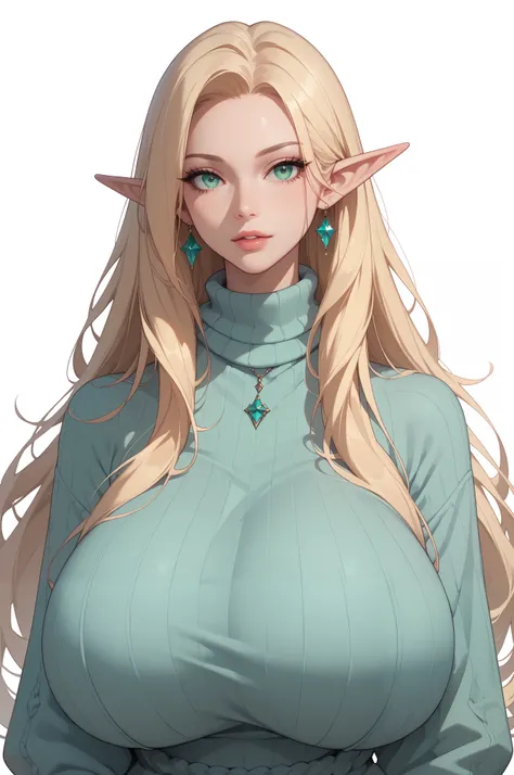 
score_9, score_8_up, score_7_up, 1girl,solo, upper body,looking at viewer, white background, voluminous long blonde hair, elf,  woman, gigantic breasts, sweater, mint green eyes, masterpiece, best quality, amazing quality, very aesthetic, high resolution,...