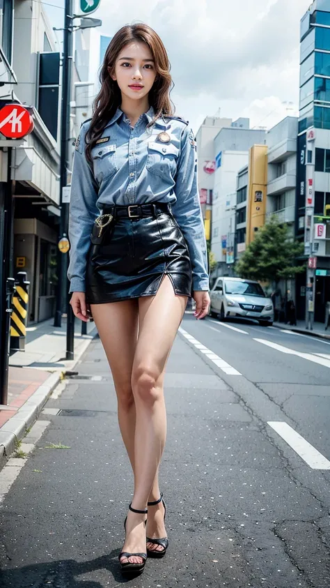 beautiful Japanese woman, 22 years old, perfect anatomy, healthy thighs, beautiful legs, beautiful skin, random hair color, random hairstyle, large breasts, female police officer, (Japanese police uniform:1.3), (miniskirt:1.3), (she is standing:1.2), full ...