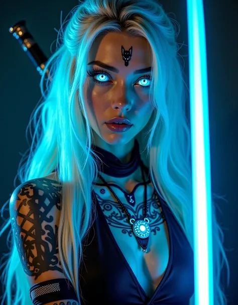 Stunningly beautiful young lady, long white blonde hair, cyberpunk style samurai warrior, thunder blue eyes, high tech warrior, glowing blue fiery eyes, Longer hair, with a glowing katana , American Beauty, full body image, glowing tattoos on her skin, glo...